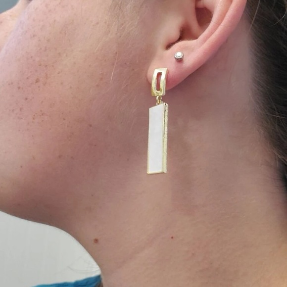 Geometric Rectangular White & Gold Drop Earrings | Minimalist Statement Jewelry - Picture 7 of 16